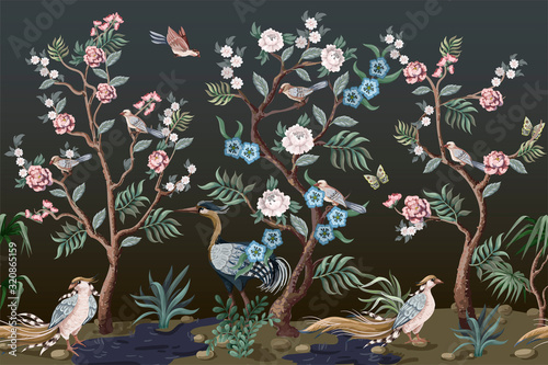 Border in chinoiserie style with herons and peonies. Vector.