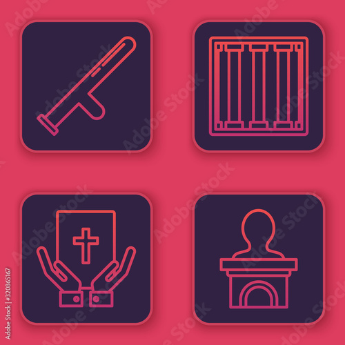 Set line Police rubber baton, Oath on the Holy Bible, Prison window and Stage stand or debate podium rostrum. Blue square button. Vector