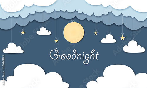 Goodnight - Hintergrund in Papierschnitt, Mond, Sterne und Wolken hängen von der Decke, Banner	