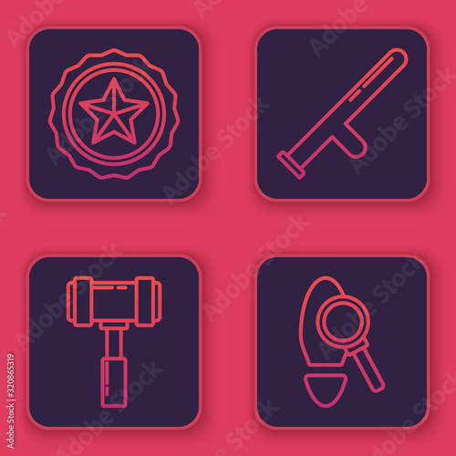 Set line Police badge, Judge gavel, Police rubber baton and Magnifying glass with footsteps. Blue square button. Vector