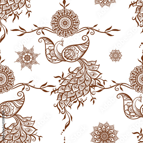 Eastern ethnic style compositions, mehendi, traditional indian henna floral ornament with peacock. Seamless pattern, background. Vector illustration..