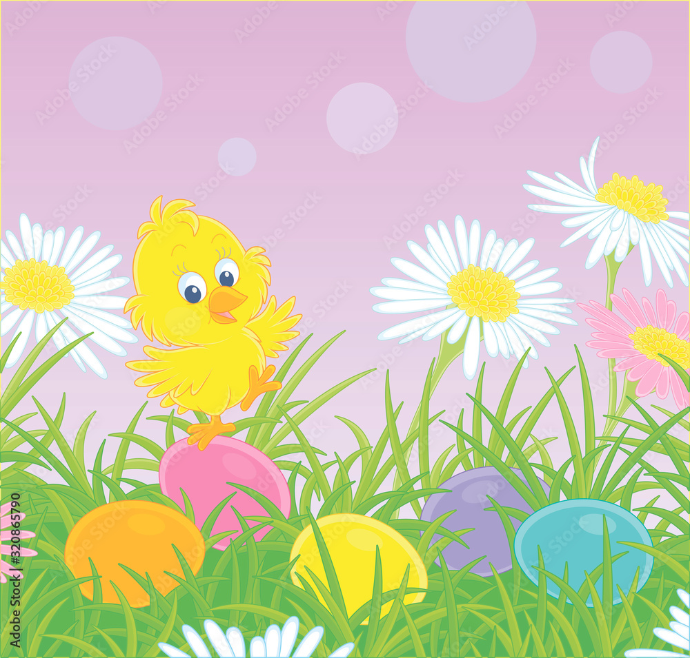 Little yellow chick among colorful flowers and painted Easter eggs in thick green grass on a sunny spring day, vector cartoon illustration for a greeting card