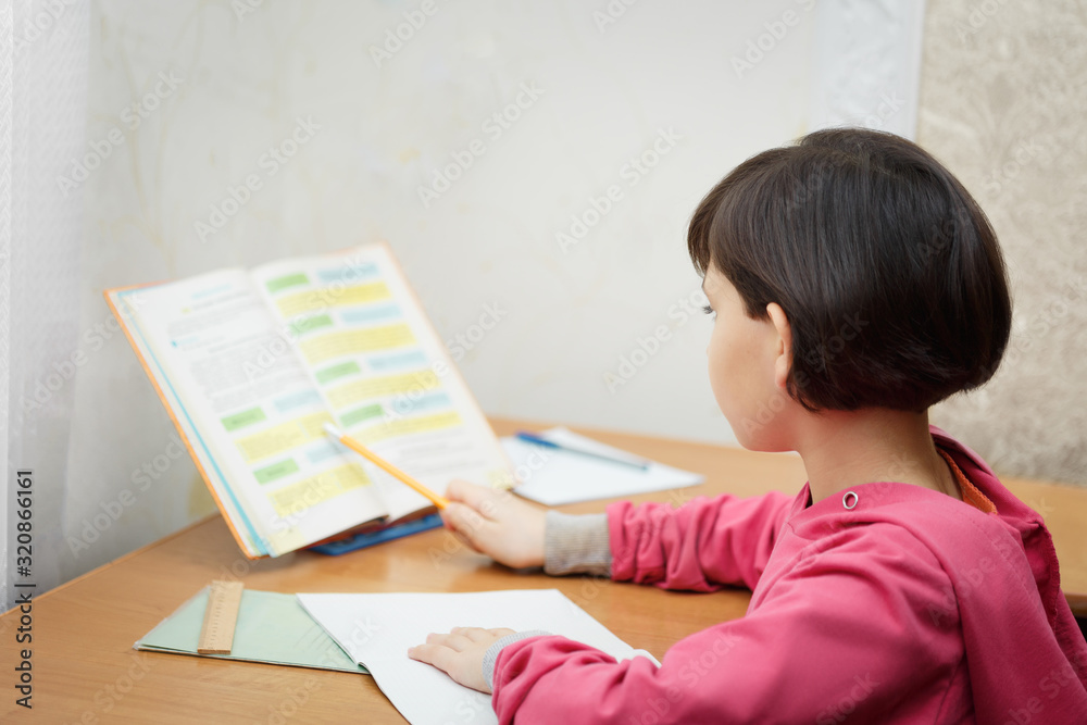 Cute little schoolgirl studying at home. Cute little schoolgirl studying at home.