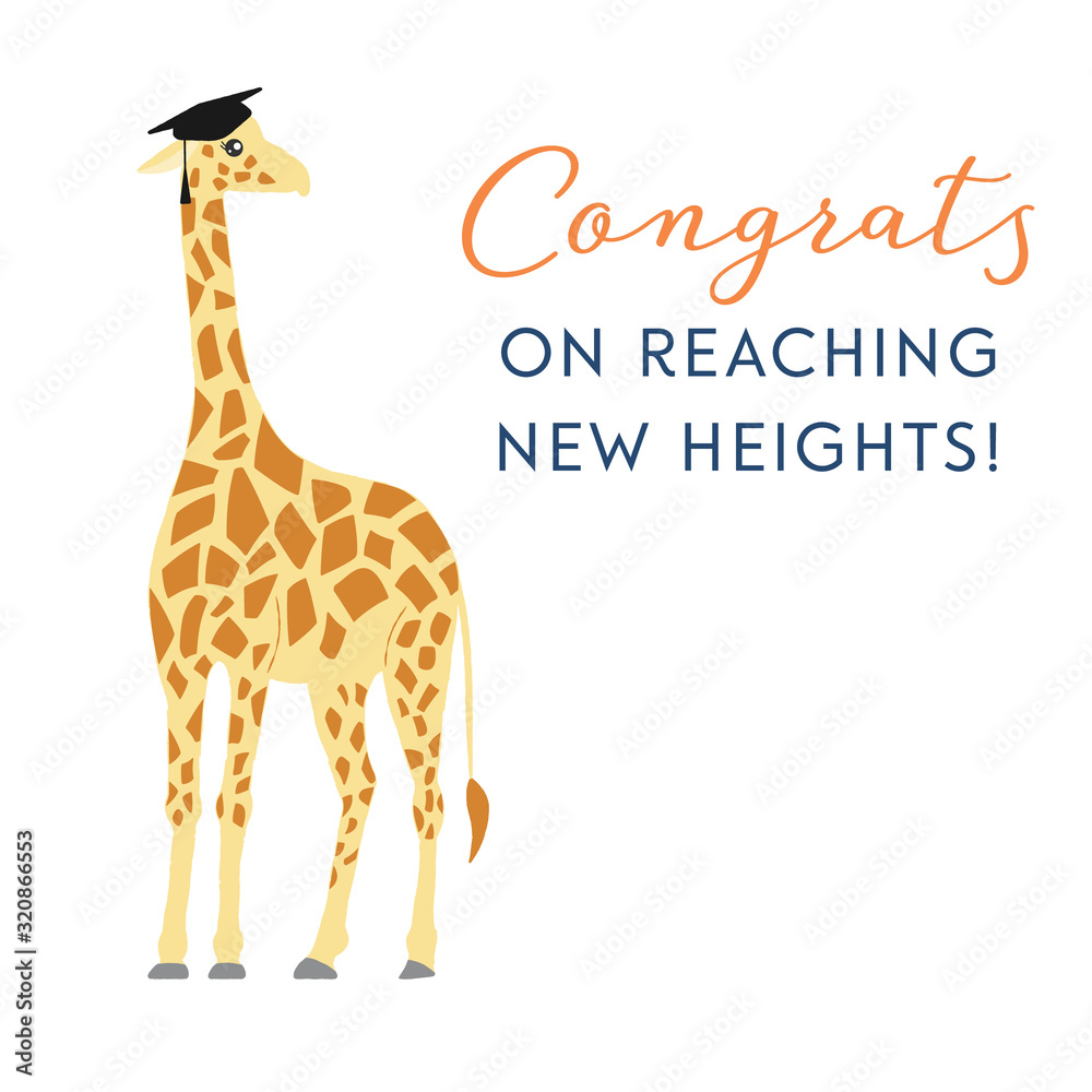 Vector illustration of a cute giraffe wearing an academic cap. Congrats on reaching new heights. Funny card design concept. Vector illustration of a cute giraffe wearing an academic cap. Congrats on reaching new heights. Funny card design concept.