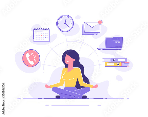 Business woman practicing mindfulness meditation with office icons on the background. Multitasking and time management concept. Vector illustration.