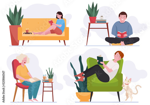 People reading books at home. Students studying textbooks flat vector illustration. Knowledge, leisure, reader, literature concept for banner, website design or landing web page © Bro Vector