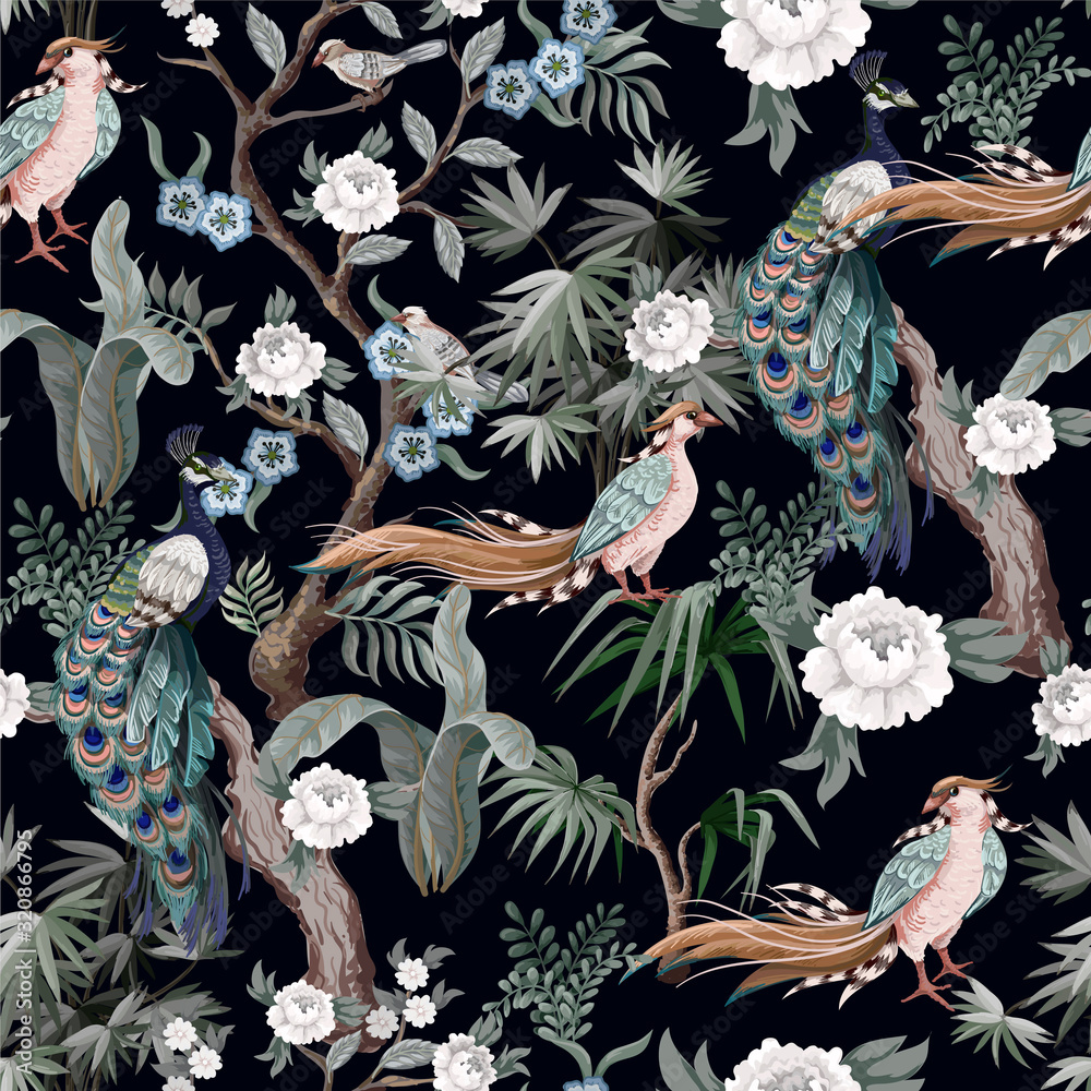 Fototapeta Seamless pattern in chinoiserie style with storks, birds and peonies. Vector,