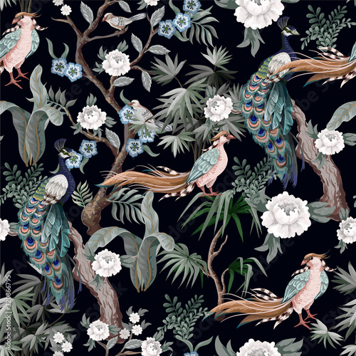 Seamless pattern in chinoiserie style with storks, birds and peonies. Vector,