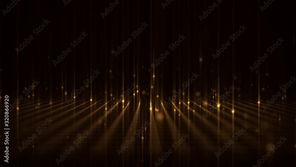 Abstract Gold Background With Grid And Particles Seamless Looping/ 4k animation of an abstract golden background with texture of golden vertical lines on a 3d perspective grid seamless looping