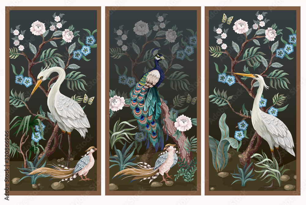 Fototapeta Folding screen in chinoiserie style with peacock and peonies
