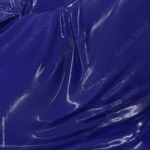 Abstract and shiny luxury silk cloth in shape of liquid wave with folds. Satin or velvet material background in popular phantom blue color. 3d illustration