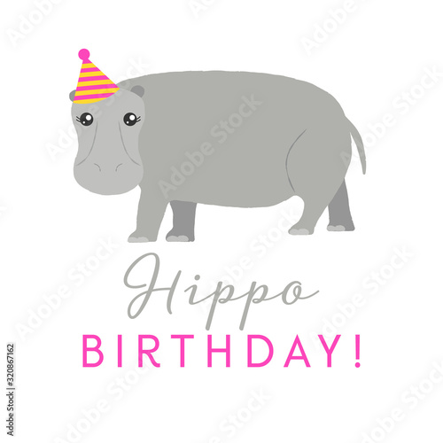 Vector illustration of a cute hippo wearing a party hat. Hippo Birthday. Cute card design concept.