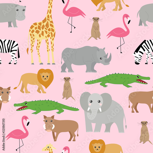 Vector seamless pattern of cute african animals. Elephant  rhino  flamingo  meerkat  hippo  crocodile