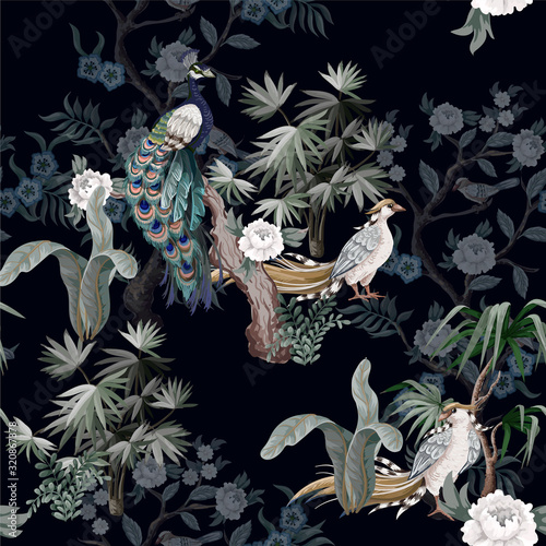 Seamless pattern in chinoiserie style with storks, birds and peonies. Vector,