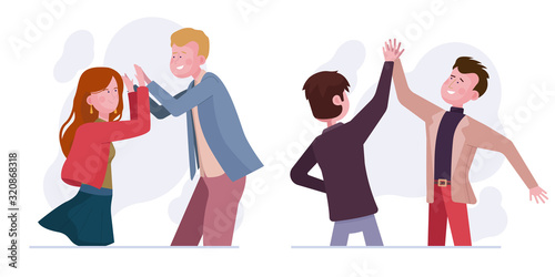 Giving high five set. Couple, male friends clapping hands, celebrating success flat vector illustration. Greeting, communication, teamwork concept for banner, website design or landing web page
