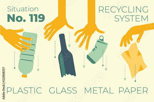 Ecological illustration.. Human hands taking out the trash. Plastic bottle, glass, metal, paper. Separation of garbage. Utilization of wastes. No plastic. Separation of garbage. Eco problem. Green.