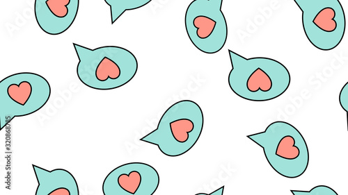 Texture endless seamless pattern from flat icons of dialog clouds with hearts, love items for the holiday of love Valentine's Day on February 14 or March 8 on a white background. Vector illustration