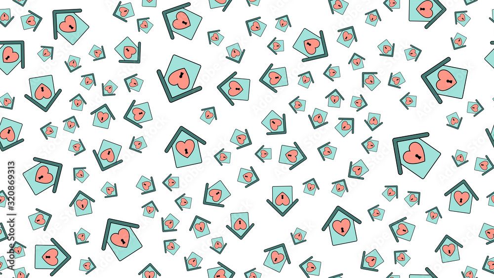 Texture endless seamless pattern of flat house icons with hearts of love objects for the feast of love Valentine's Day February 14 or March 8 on a white background. Vector illustration Texture endless seamless pattern of flat house icons with hearts of love objects for the feast of love Valentine's Day February 14 or March 8 on a white background. Vector illustration