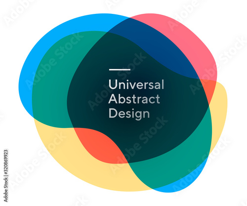 Usable bright blobby objects. Universal curvy figures, flowy lines, wavy shapes. Blue, yellow and pink backdrop with text. Layout for promo flyer, website or poster Vector illustration.