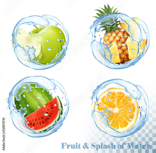 Fototapeta Naklejka Na Ścianę i Meble -  Collection of fruit and berries in a water splash. Apple, pineapple, melon, orange. Vector.