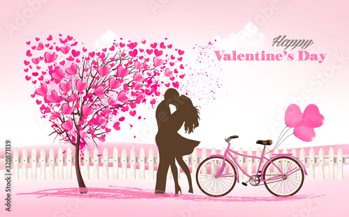 Valentine's Day background with a heart shaped tree and a couple in Love. Vector.