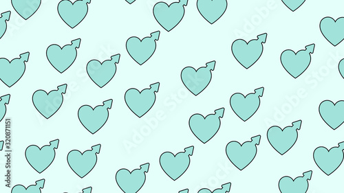 Texture seamless pattern from flat icons of hearts and symbols of men, love items for the holiday of love Valentine's Day February 14 or March 8 on a blue background. Vector illustration
