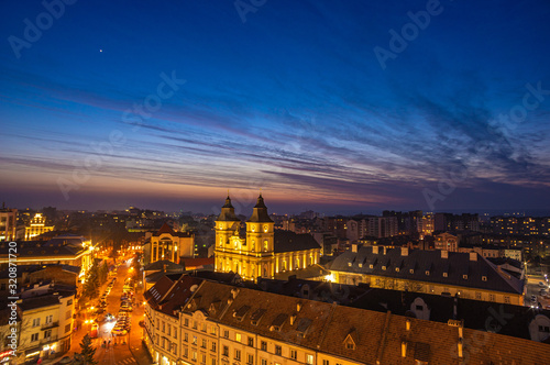 Winter sunset over a European city