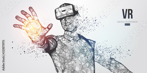 VR headset holographic low poly wireframe vector banner. Polygonal man wearing virtual reality glasses, helmet. VR games playing. Particles, dots, lines, triangles on blue background. Neon light.