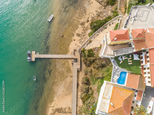 Aerial view of wooden pier near hotel, Odemira, Portugal photo