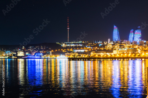 September 2019. Azerbaijan  Baku. Night view of the city from the Boulevard.