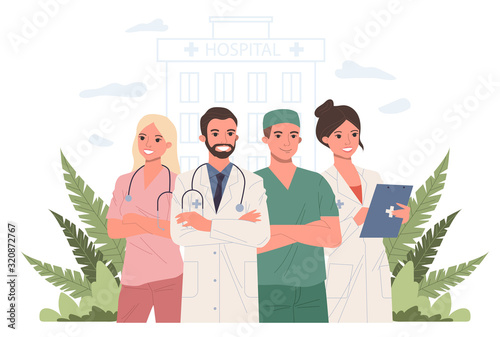 Hospital doctor staff. Physician, practitioner with stethoscope, surgeon flat vector illustration. Healthcare, medicine, clinic, occupation concept for banner, website design or landing web page