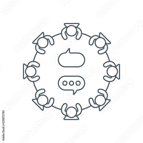 Business meeting vector line icon. Group of people sitting around a table brainstorming and working together on new creative projects.