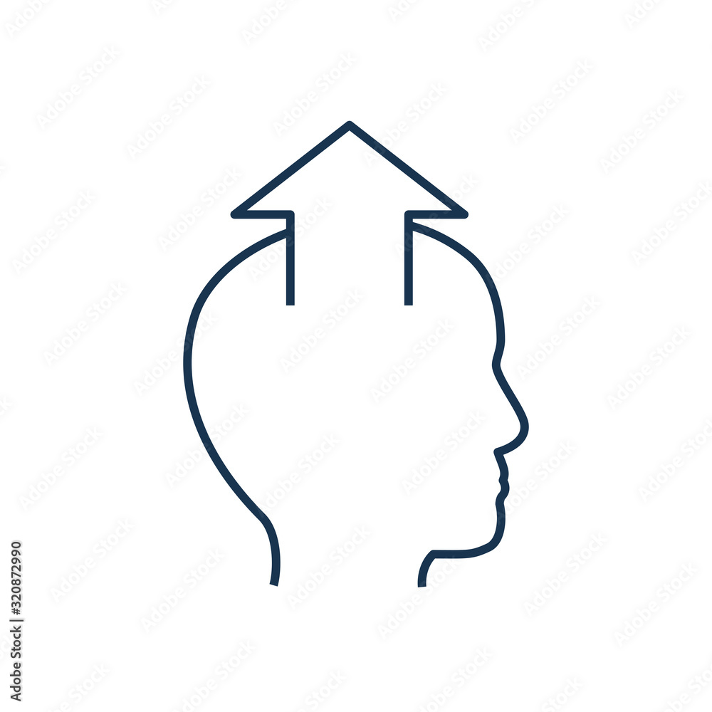 Human head profile and arrow line icon, growth mindset, potential development, leadership education concept, retraining course, motivational psychology, strategic thinking, vector linear design Human head profile and arrow line icon, growth mindset, potential development, leadership education concept, retraining course, motivational psychology, strategic thinking, vector linear design