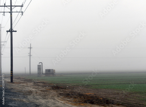 Foggy field with irrigation pump