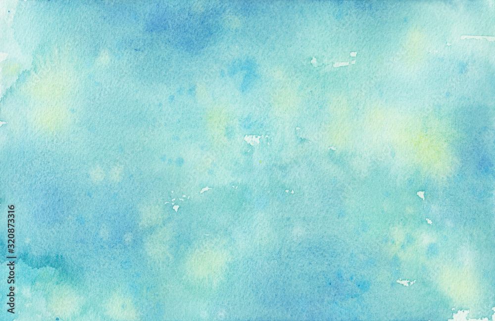 Pastel faded blue hand painted watercolor background design with paint  bleed and fringing in pretty art design on watercolor paper texture, soft  sky or spring color background with no people Stock Illustration |