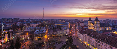 Winter sunset over a European city