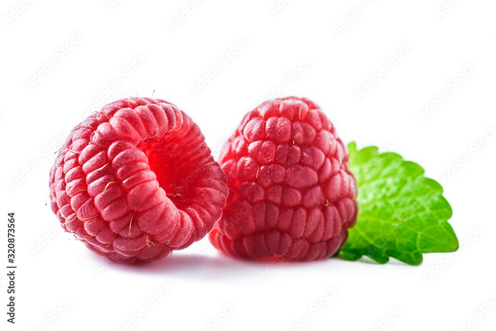 Raspberry isolation. Raspberries on white background and green leaf. Raspberry isolation. Raspberries on white background and green leaf.