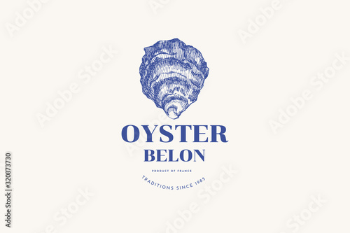 Hand-drawn oyster Belon vector illustration. Engraved clam in engraving style on a light background. The menu design element of a fish restaurant, market or store.