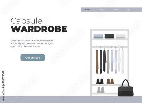 Vector illustration for slow fashion. Capsule wardrobe of sustainable fashion. Gender neutral clothing on hangers. Eco friendly brend of clothing. landing page template