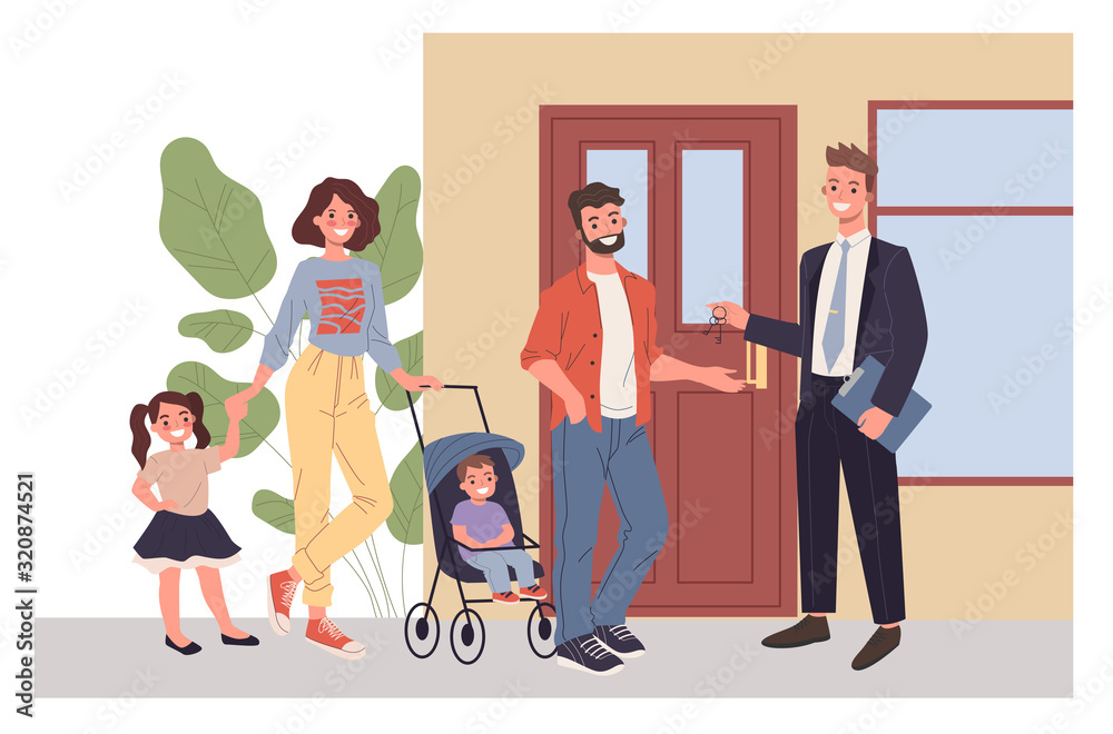 Family buying new house. Young couple with kids renting apartment flat vector illustration. Real estate, mortgage, property purchase concept for banner, website design or landing web page