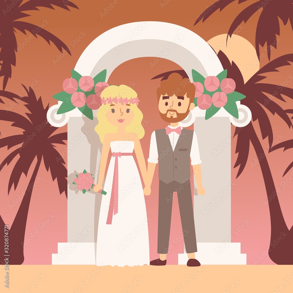 Wedding ceremony on tropical island, vector illustration. Romantic trip for newlywed couple. Bride and groom standing under wedding arch on beach with palm trees. Simple flat style cartoon characters Wedding ceremony on tropical island, vector illustration. Romantic trip for newlywed couple. Bride and groom standing under wedding arch on beach with palm trees. Simple flat style cartoon characters