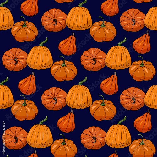 Seamless pattern with hand drawn pumpkins. Endless texture with autumn vegetables on dark blue background for your design