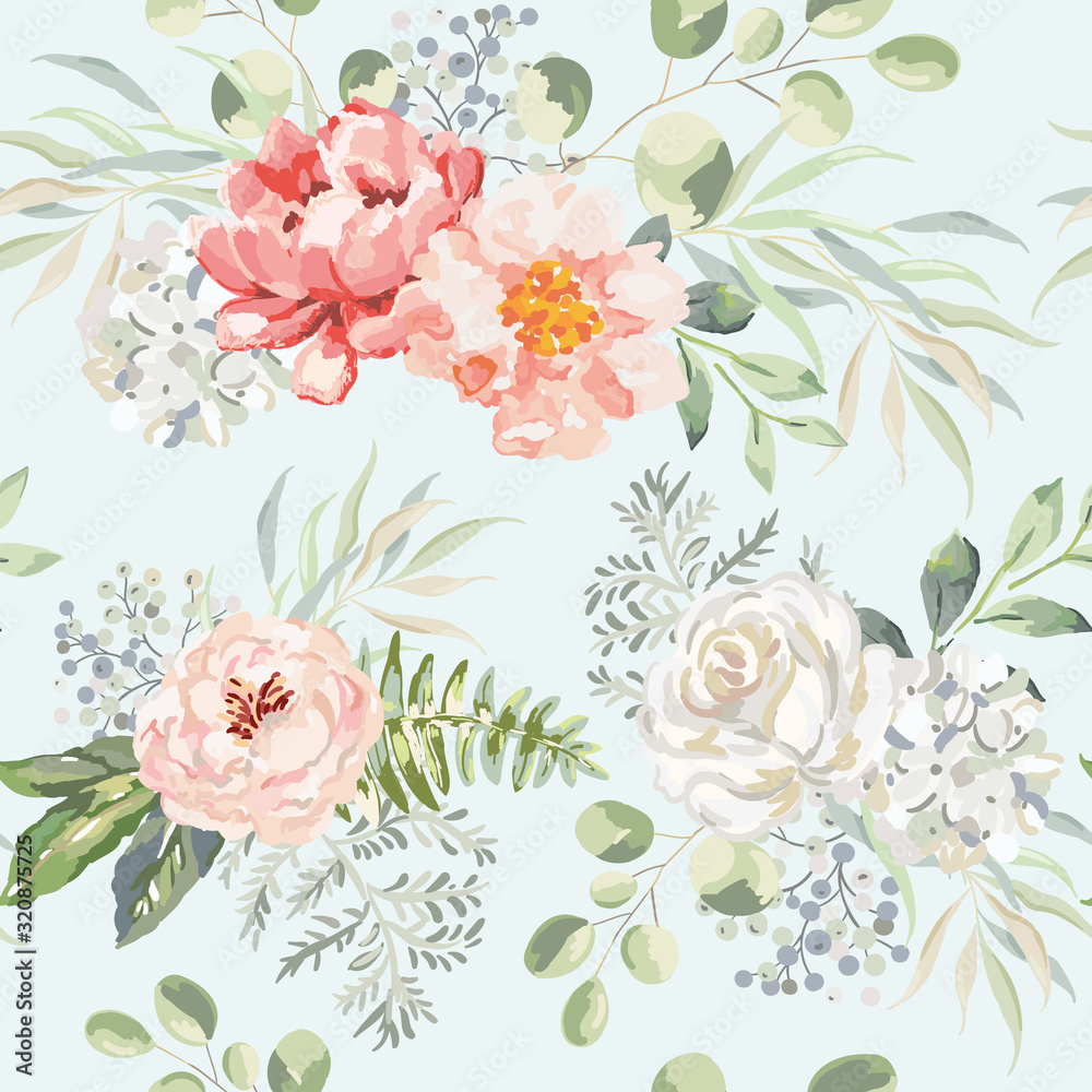 Pink rose, peony, hydrangea flowers with green leaves bouquets, light background. Floral illustration. Vector seamless pattern. Botanical design. Nature summer plants. Romantic wedding