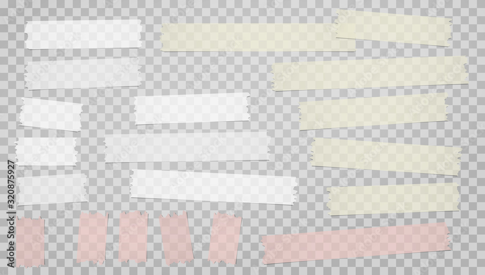 Colorful, white adhesive, sticky, masking, duct tape strips for text are on squared gray background. Vector illustration
