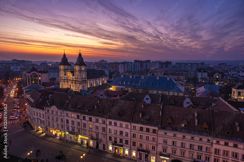 Winter sunset over a European city