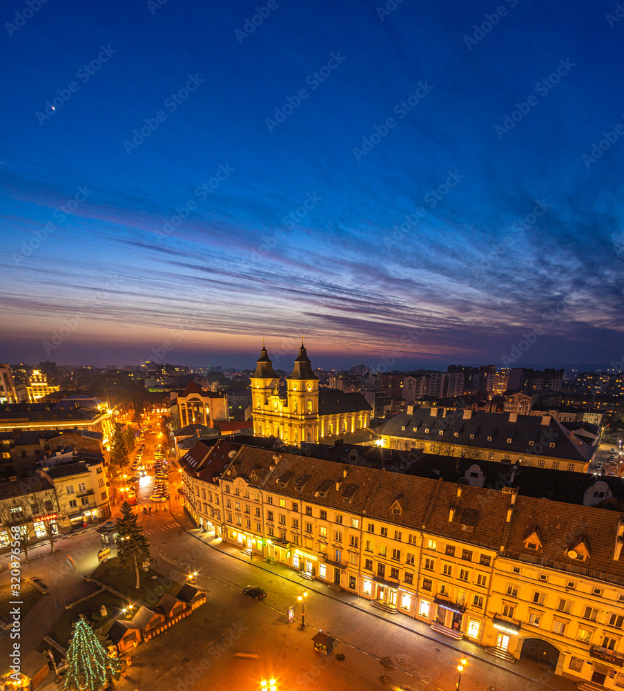 Winter sunset over a European city
