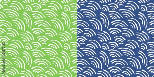 Isolated abstract scaly background with curled lines. Green and blue striped background. Two square seamless patterns for wallpaper design, website design, greeting cards, magazines, fabrics