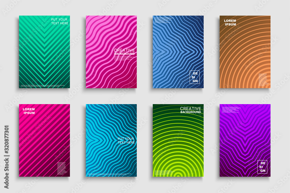 Collection of vector bright abstract contemporary templates, posters, placards, brochures, banners, flyers, backgrounds and etc. Colorful gradient striped covers - trendy geometric vibrant design
