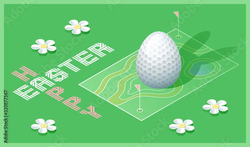 Happy Easter greeting card. Isometric illustration with 3D Easter egg as a golf ball and golf course. Vector illustration.