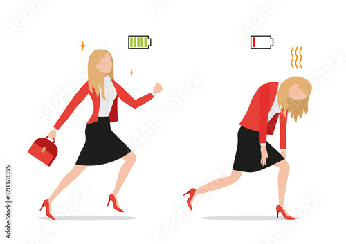 businesswomanSet of powerful businesswoman with green full energy battery sign and tired exhausted female with red low charged, flat styli icon, vector illustration.